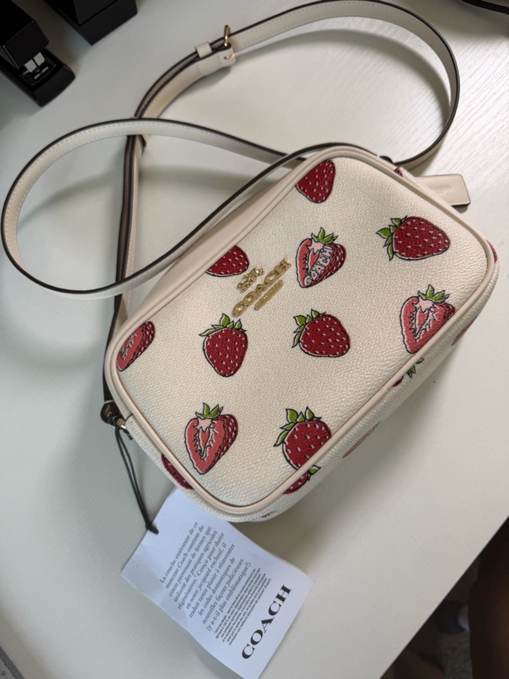 Coach Cream Strawberry Print Leather Crossbody